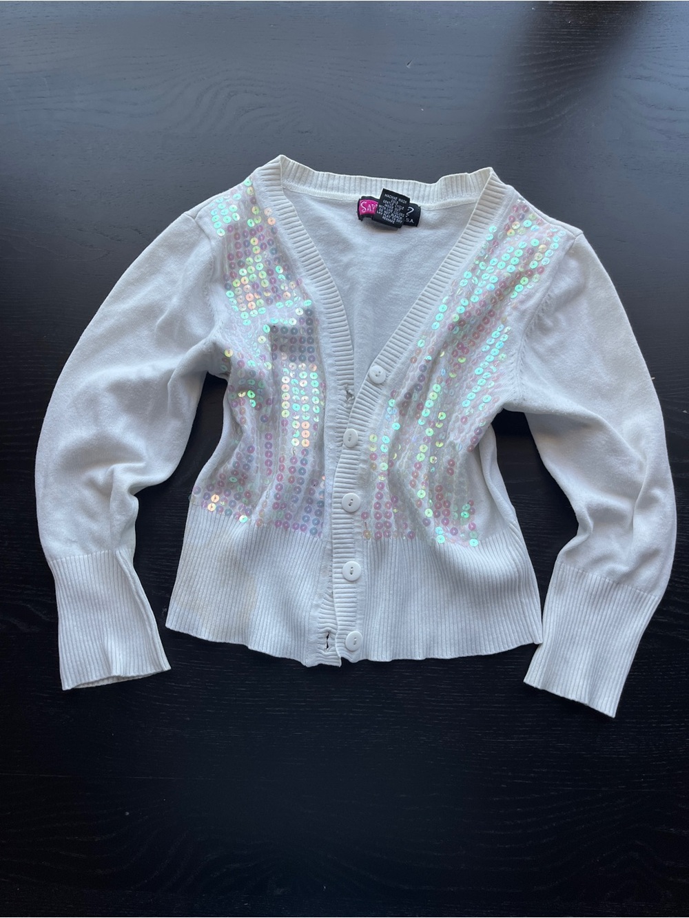 Say What? White Cardigan with Pink Iridescent Sequins
